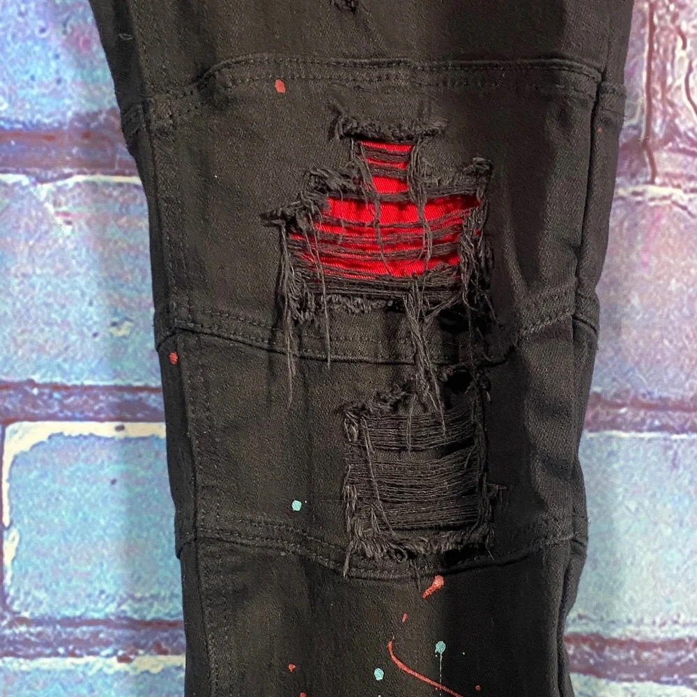 Makobi Distressed Paint Splatter Black Jeans Men’s 40x32 Streetwear Denim - Picture 5 of 13